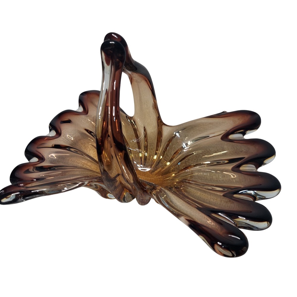Vintage Amber Brown Art Glass Basket Swan Hand Blown Scalloped Centerpiece Dish